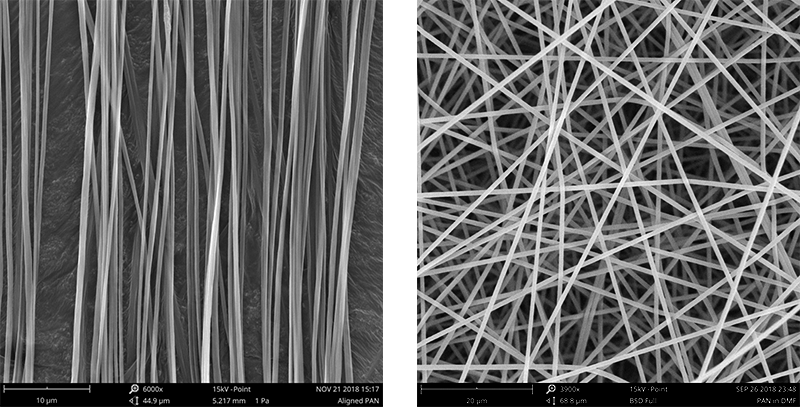 Electrospun polyacrylonitrile (PAN) nanofibers with different orientations: a) aligned and b) random. PAN is a common electrospun material used in battery separation applications because it is cost-effective and has good chemical properties